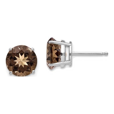 14K White Gold 8mm Round Smoky Quartz Stud Earrings