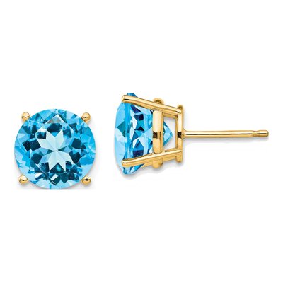 14K Yellow Gold 10mm Swiss Blue Topaz Round Stud Earrings