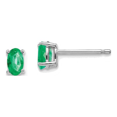 14K White Gold Emerald Oval Stud Earrings