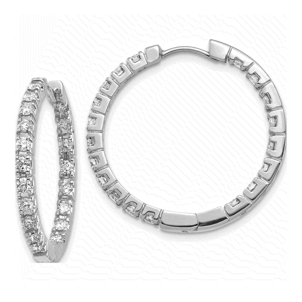 14K White Gold Rhodium-Plated 1.9 Carat Aa Diamond In/out Hinged Hoop Earrings