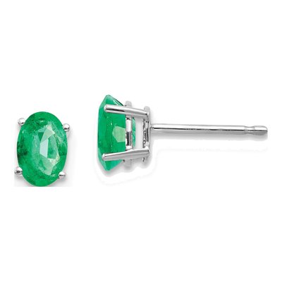 14K White Gold Emerald Oval Stud Earrings