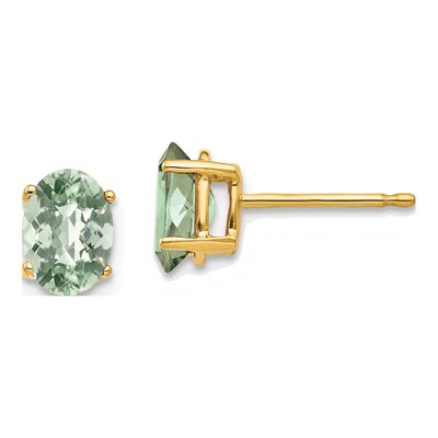 14K Yellow Gold Green Quartz Oval Stud Earrings