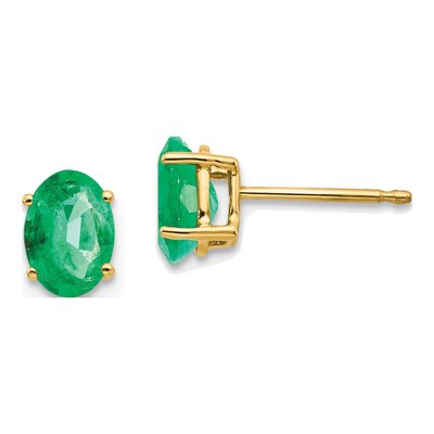 14K Yellow Gold Emerald Oval Stud Earrings