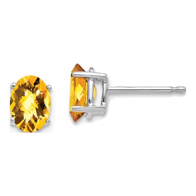 14K White Gold Oval Citrine Checker-Cut Stud Earrings