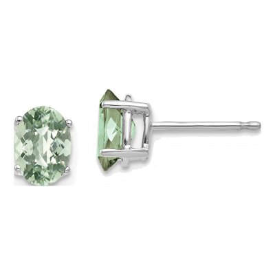14K White Gold Oval Green Quartz Checker-Cut Stud Earrings