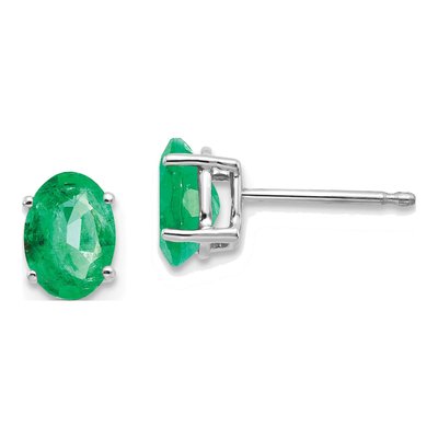 14K White Gold Emerald Oval Stud Earrings