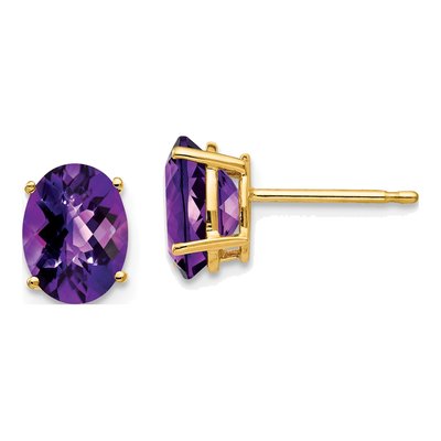 14K Yellow Gold Amethyst Oval Checkerboard Stud Earrings