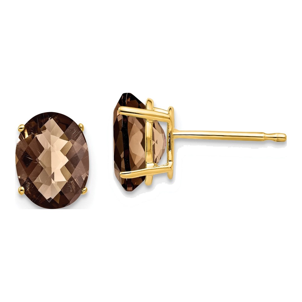 14K Yellow Gold Smoky Quartz Oval Stud Earrings