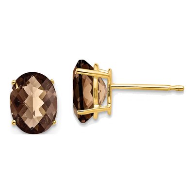 14K Yellow Gold Smoky Quartz Oval Stud Earrings