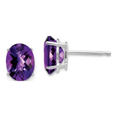 14K White Gold Amethyst Oval Checker Stud Earrings