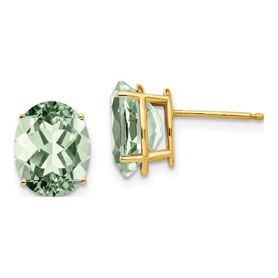 14K Yellow Gold Green Quartz Oval Stud Earrings