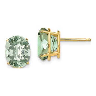 14K Yellow Gold Green Quartz Oval Stud Earrings