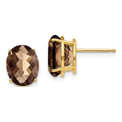 14K Yellow Gold Smoky Quartz Oval Stud Earrings