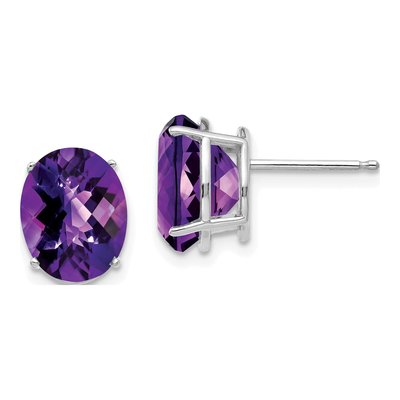 14K White Gold Amethyst Oval Checker Stud Earrings