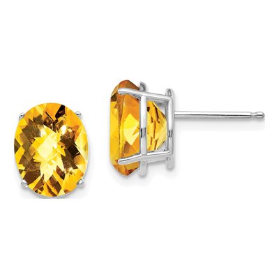 14K White Gold Oval Citrine Checker-Cut Stud Earrings
