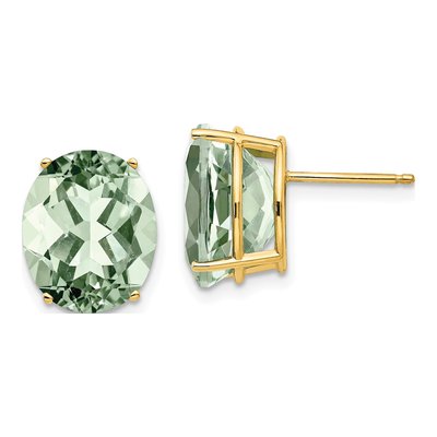 14K Yellow Gold Green Quartz Oval Stud Earrings