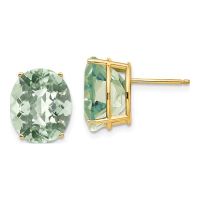 14K Yellow Gold Green Quartz Oval Stud Earrings