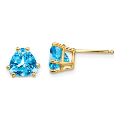 14K Yellow Gold 7mm Swiss Blue Topaz Trillion Stud Earrings