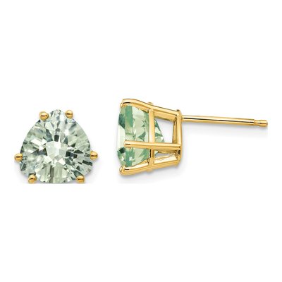14K Yellow Gold 8mm Green Quartz Trillion Stud Earrings