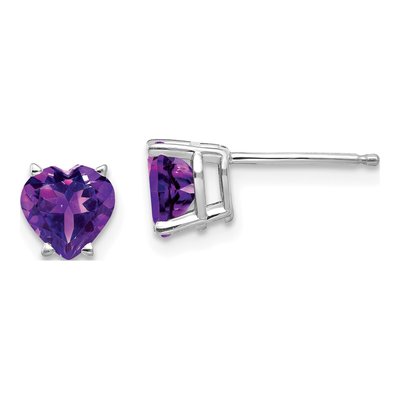 14K White Gold 6mm Amethyst Heart Stud Earrings