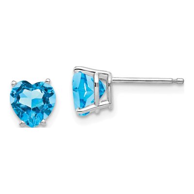 14K White Gold 6mm Swiss Blue Topaz Heart Stud Earrings