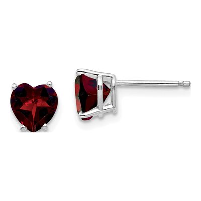 14K White Gold 6mm Garnet Heart Stud Earrings