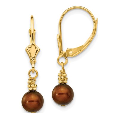 14K Yellow Gold Brown Freshwater Cultured Pearl Leverback Earrings