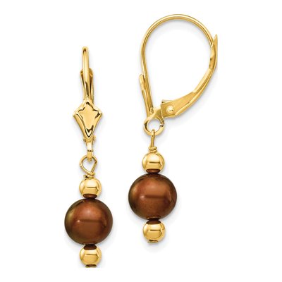 14K Yellow Gold Brown Freshwater Cultured Pearl Leverback Earrings