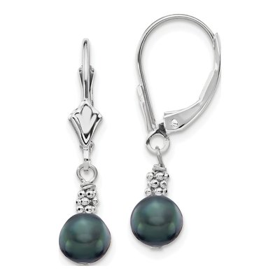 14K White Gold Black Freshwater Cultured Pearl Leverback Earrings