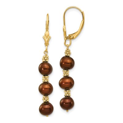 14K Yellow Gold Brown Freshwater Cultured Pearl Leverback Earrings