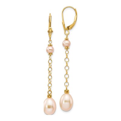 14K Yellow Gold Pink Freshwater Cultured Pearl Leverback Earrings