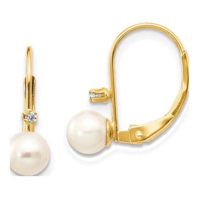 14K Yellow Gold Freshwater Cultured Pearl & Diamond Leverback Earrings