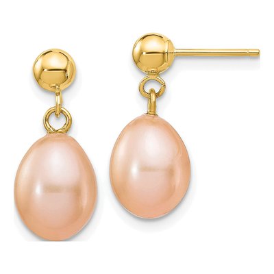 14K Yellow Gold Pink Freshwater Cultured Pearl Dangle Earrings
