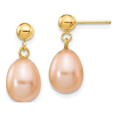 14K Yellow Gold Pink Freshwater Cultured Pearl Dangle Earrings