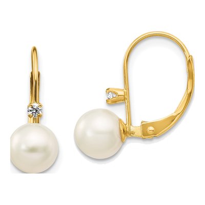 14K Yellow Gold 1/20 ct tw Freshwater Cultured Pearl & Diamond Leverback Earrings