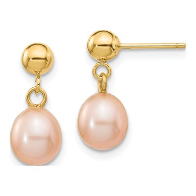 14K Yellow Gold Pink Freshwater Cultured Pearl Dangle Earrings