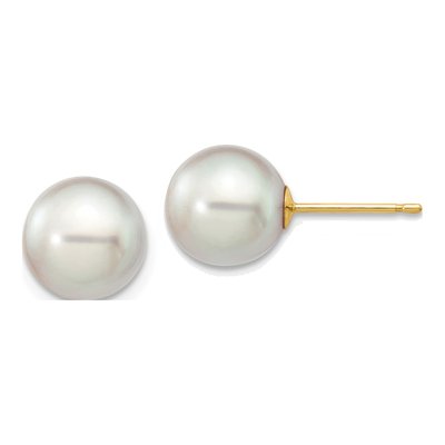 14K Yellow Gold Round Grey Akoya Cultured Pearl Stud Earrings