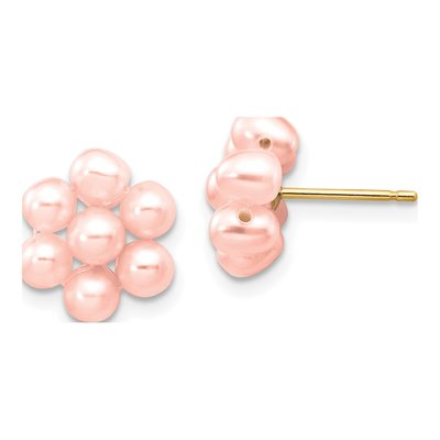 14K Yellow Gold Pink Freshwater Cultured Pearl Flower Stud Earrings
