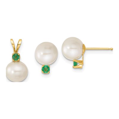 14K Gold Freshwater Pearl & Emerald Earring & Pendant Set