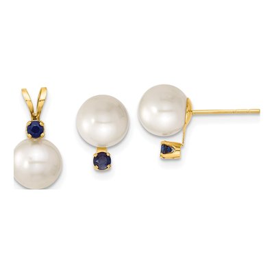 14K Gold Freshwater Pearl & Sapphire Earring Set