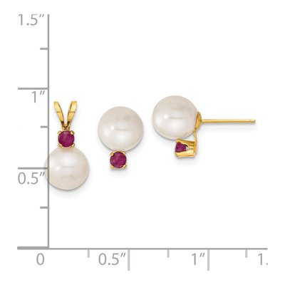 14K Gold Freshwater Pearl & Ruby Earring & Pendant Set – view 3