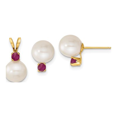 14K Gold Freshwater Pearl & Ruby Earring & Pendant Set