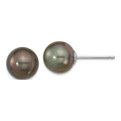 14K White Gold Round Black Tahitian Cultured Pearl Stud Earrings