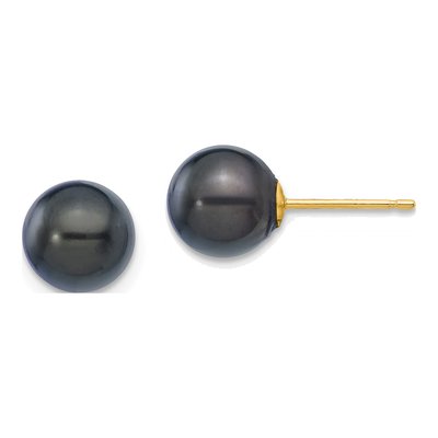 14K Yellow Gold Round Black Akoya Cultured Pearl Stud Earrings