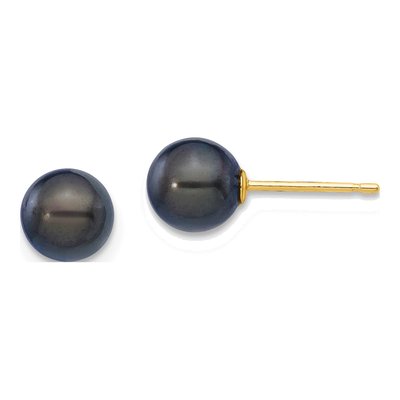 14K Yellow Gold Round Black Akoya Cultured Pearl Stud Earrings