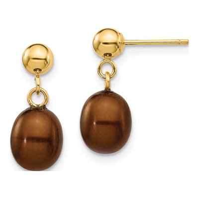 14K Yellow Gold Brown Freshwater Cultured Pearl Dangle Earrings
