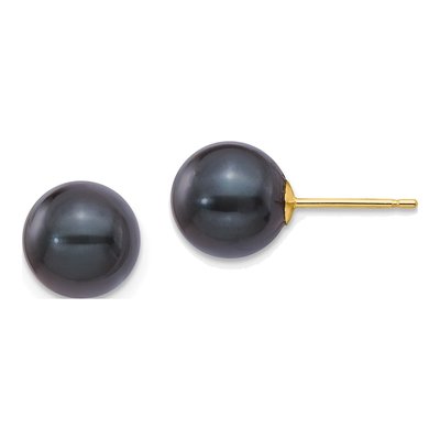 14K Yellow Gold Round Black Akoya Cultured Pearl Stud Earrings