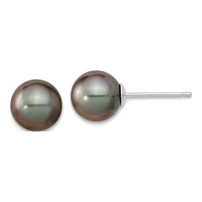 14K White Gold Round Black Tahitian Cultured Pearl Stud Earrings
