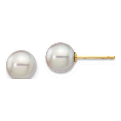 14K Yellow Gold Round Grey Akoya Cultured Pearl Stud Earrings