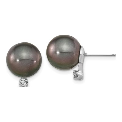 14K White Gold 1/10 ct tw Black Tahitian Cultured Pearl & Diamond Round Stud Earrings